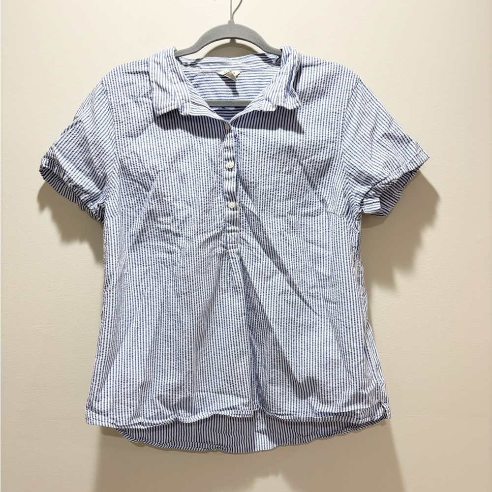 LL BEAN Vacationland Seersucker Blue and White Striped Popover Shirt Size L